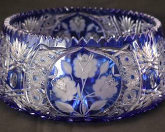 Large Vintage Blue Cut-to-Clear Crystal Centerpiece Bowl With Intricate Etched Floral Motifs And Sawtooth Rim