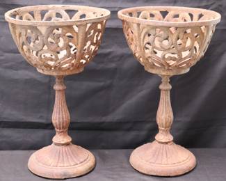 Pair Of Large Vintage/Antique Cast Iron Ornate Pedestal 16" Planters