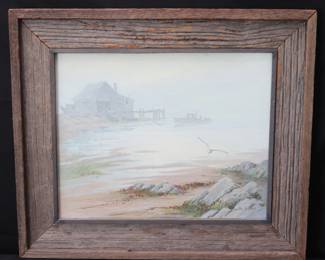 Tranquil "Misty Morning" Oil On Board Coastal Seascape Painting Signed By The Artist Lucille Hobbie