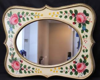 Charming Vintage Scalloped Frame Hand-Painted Vibrant Pink Rose Motifs Wall Mirror