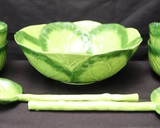 Vintage Baum Bros Style-Eyes Cabbage Leaf Collection 7-Piece Ceramic Salad Serving Set
