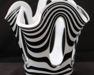 Unique Josefina Krosno Hand Blown Art Glass Sculptural Vase In Black-and-White Zebra Stripe Pattern