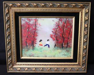 Louis Cardin Enamel On Copper Painting Featuring Two Children In A Colorful Wooded Landscape
