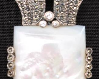 Large Vintage Art Deco-Style Mother Of Pearl And Marcasite Sterling Silver Brooch