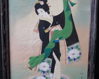 Vintage Framed Mid-Century Japanese Painting On Silk Featuring A Geisha In Black Kimono