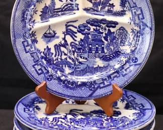 4 Vintage Moriyama Blue Willow Divided 3-Section Grill Plates Made In Japan