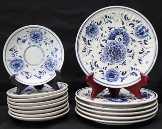 Set Of 6 Vintage Delft Blue And White Hand-Painted Floral Motif Porcelain Plates And 8 Saucers