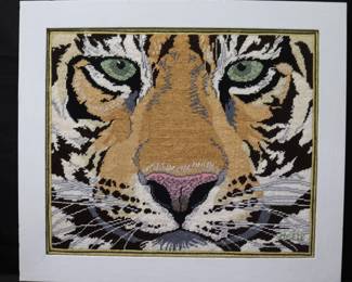 Unique Framed Tiger Face Cross Stitched Needlepoint Artwork