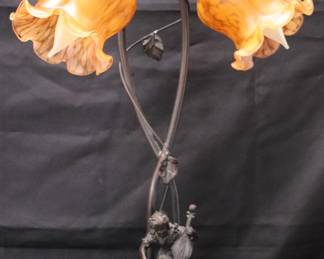 Vintage-Style Cast Aluminum Tulip Frosted Glass Shades Table Lamp With Cello Player Base