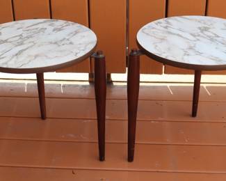 Pair Of Vintage Mid Century Modern Round Stacking Side Tables With Marble-Look Tops