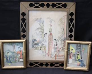 Vintage Framed Asian Art Prints Depicting Traditional Figures In Garden Settings