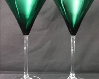 Pair Of Lenox Holiday Gems Emerald Green And Clear Stem Martini Glasses