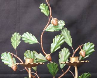 Vintage Toleware Wall-Hanging Twin Candleholder Featuring Green Oak Leaves And Acorn Accents