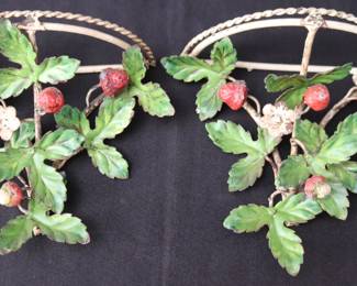 Pair Of Vintage Italian Tole Wild Strawberries Wall Mounted Shelves