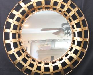 Round 28" Industrial Cage Style Metal Accent Wall Mirror In Gold Finish