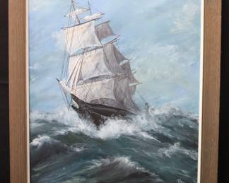 Clipper Ship Navigating Choppy Seas Canvas Seascape Painting Signed By The Artist