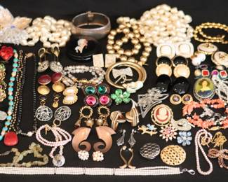 Lot Of Vintage Costume Jewelry Including Necklaces, Earrings, Bracelets And Brooches