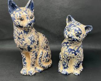 Two (2) Blue and Cream Stoneware Cat Figurines