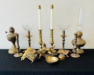 Brass Candlesticks and Oil Lamps