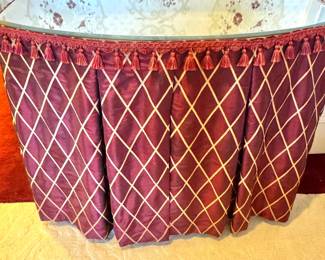 Hollywood Regency Demilune Console Table with Glass Top, Custom Burgundy Diamond Upholstery & Tassel Fringe