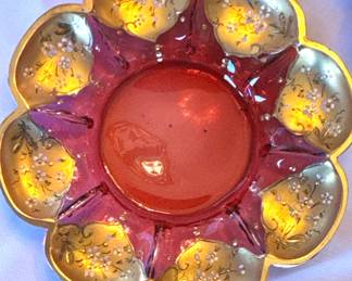 Bohemian Cranberry Glass Demitasse Cups & Saucers with Heavy Gold Gilt Floral Decoration 
