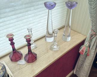 Assorted Amethyst Purple & Clear Crystal Glass Candlestick Holders