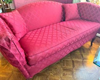 Curved Camelback Sofa with Red Diamond Damask Upholstery