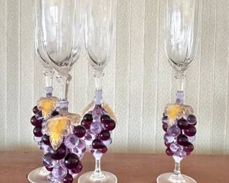 Murano Italian Art Glass Grape Cluster Champagne Flutes with Applied Amethyst & Cranberry Grapes and Gold-Flecked Leaves