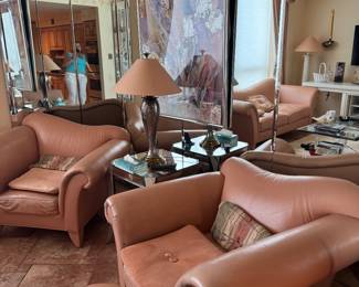 Pair of Blush Pink Leather Club Chairs with Matching Ottoman