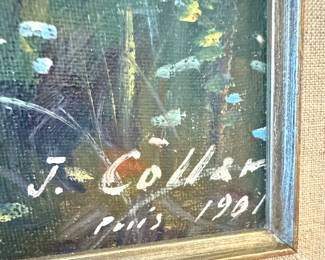 J. Collar Signed Paris 1901 Belle Époque Woman with Dog by the River Oil Painting