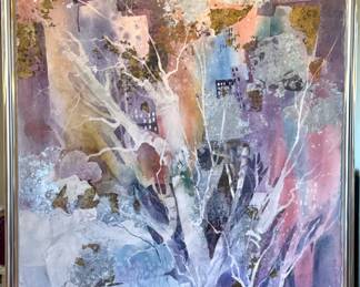 Barbara Goldstein SWS “For Resting” Large Original Mixed-Media Watercolor with Metallic Leaf & Provenance