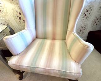 Queen Anne Style Wingback Armchair with Pastel Striped Upholstery & Cabriole Legs