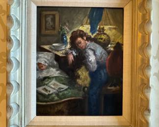 Signed Impressionist Mother & Sleeping Child Interior Oil Painting in Carved Giltwood Frame