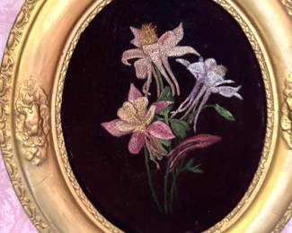 Victorian Floral Silk Embroidery on Black Velvet in Ornate Gilt Oval Cherub Frame