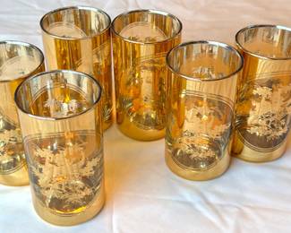 Hollywood Regency Gold Gilt Highball Glasses with Asian Chinoiserie Landscape Scenes