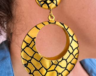 Oversized Gold-Tone & Black Crackle Enamel Geometric Statement Earrings