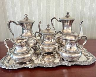Colonial Silver Co. Quadruple Plate Engraved Silver-Plated Tea & Coffee Service with Ornate Serving Tray