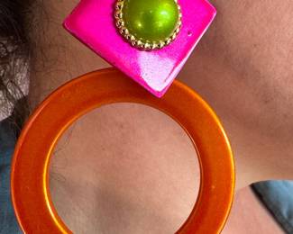 Hot Pink, Lime Green & Translucent Orange Lucite Geometric Hoop Statement Earrings