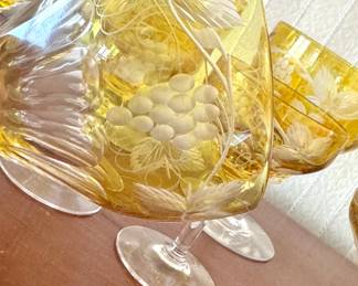 Amber Etched Grape & Vine Crystal Stemware