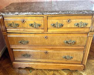 Victorian Walnut Four-Drawer Dresser / Chest with Marble Top & Ornate Brass Hardware