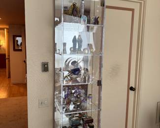 Tall Clear Lucite Acrylic Lighted Curio Display Cabinet with Glass Shelves