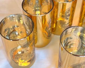 Hollywood Regency Gold Gilt Highball Glasses with Asian Chinoiserie Landscape Scenes