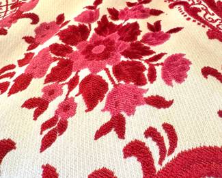 Louis XV Style Carved Wood Bergère Armchair with Red & Ivory Floral Damask Upholstery