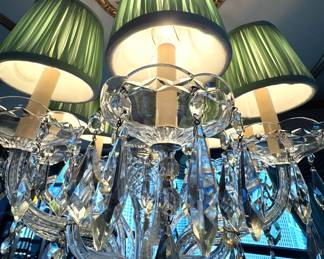 Waterford in Style (Unmarked) Large Cut Crystal Multi-Arm Chandelier with Hand-Pleated Silk Shades and Prism Drops