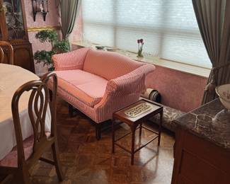 Regency Style Red Striped Upholstered Settee with Rolled Arms