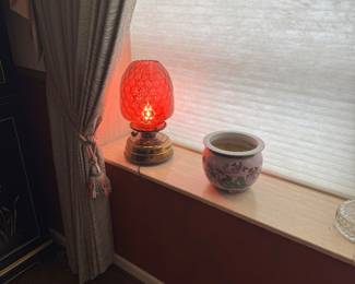 Red Hobnail Glass Accent Lamp with Brass Base