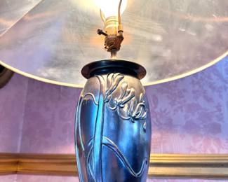 Art Nouveau Style Pewter-Tone & Brass Metal Figural Table Lamp