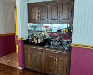 Built-In Oak Wet Bar Cabinet with Mirrored Back & Brass Hardware