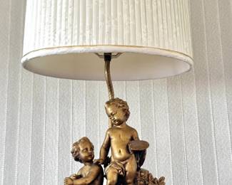 French Louis XVI–Style Gilt Bronze Figural Cherub Table Lamp with Artist’s Easel Motif