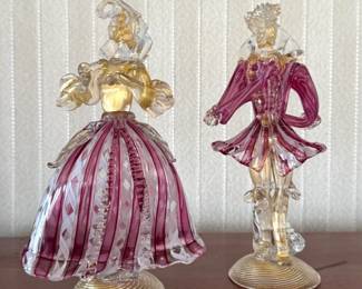 Murano Venetian Art Glass Courtly Couple Figurines with Cranberry Pink & Gold Aventurine Accents 